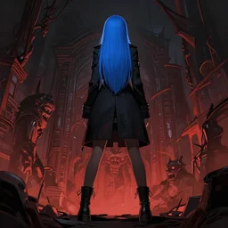 low - angle shot from behind of a long blue - haired girl in a tailcoat overlooking hell, combat boots, noir, screenshot, sharp focus, intricate, illustration, cell shaded, digital painting, highly detailed, straight hair, art by ilya kuvshinov, wlop, greg rutkowski, studio quality, james jean