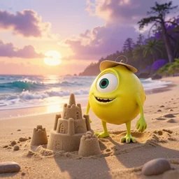 3 d octane render, of a hot anthropomorphic lemon female character inspired by the movie monsters inc, with lemon skin texture, she is wearing a hat, building a sandcastle on the beach at sunset, beach, huge waves, sun, clouds, long violet and green trees, rim light, cinematic photography, professional, sand, sandcastle, volumetric lightening