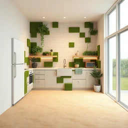 kitchen room made of rectangle tetris, made of moss and plants, octane render, trending on artstation, wall and floor made of hard desert sand floor