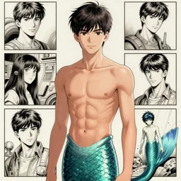 young teen bishonen male! scrawny merman! sci - fi! moebius, milo manara, hugo pratt, french comic art, semi - realistic anime, portrait, beautiful face, symmetrical face, trending on pixiv, detailed, clean lines, sharp lines, crisp lines, award winning illustration, masterpiece, 4 k
