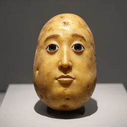 a taxidermized potato with a human face, in a museum, 8 5 mm lens, 7 0 mm entrance pupil diameter