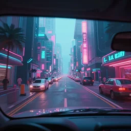 view from the front window of the car to the futuristic street in synthwave style
