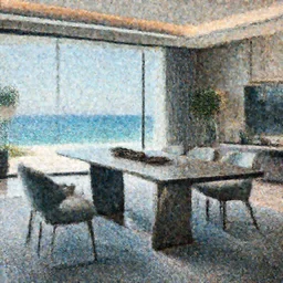 A modern living room in a ocean hues style, ocean view, luxurious table, calm, relaxed style, harmony, wide angle shot, 8k resolution