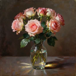 oil painting by frans mortelmans, roses in cinematic light, shadows, dramatic and very very very very beautiful masterpiece, light reflection, light refraction, transparent glass vase, optical caustics