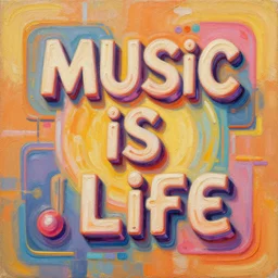 music is life, neo funk, retro - futurism, mixed media with oil paint, thick strokes, canvas, warm color palette, designed by artstationhq, retro, groovy, 3 d shading, low fi,