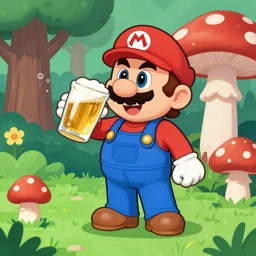 beer, drunk mario drinks beer in forest with mushrooms and big fly agaric, 1 6 bit