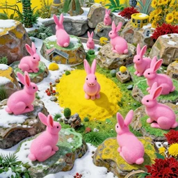 a rock garden filled with pink rabbits, by m. c. escher, yellow, green, red, snowy, ultra sharp, ultra detailed, cyberpunk, happy, uplifting, colorized by salvador dali