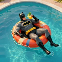 full body photo of batman, he is lying over a colorful life preserver and relaxing while he is floating over a giant pool, he is drinking an exotic pineaple drink and wearing sunglasses, by neal adams, aerial view, stock photo, golden hour, high detail, unreal engine 5, trending on artstation