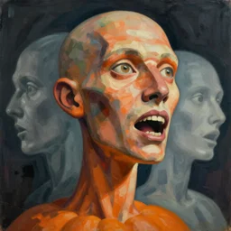 A beautiful assemblage of of a giant head. The head is bald and has a big nose. The eyes are wide open and have a crazy look. The mouth is open and has sharp teeth. The neck is long and thin. pumpkin orange by Lee Krasner, by Samuel Melton Fisher ghostly, ornamented