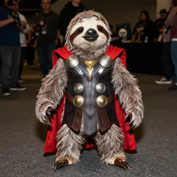 anthropomorphic sloth cosplaying as thor, dragoncon, flash photography, full length, 3 5 mm, f / 2. 8