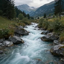 a river flowing through the mountains of austria, hyper detailed, digital art, artstation, cinematic lighting, studio quality, smooth render, by caravaggio, artgerm, greg rutkowski, craig mullins