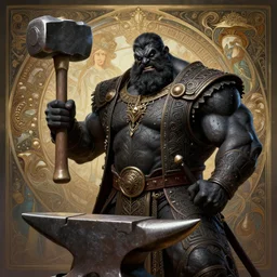 the vlacksmith, very strong, muscular, big hammer, anvil, beard, cheeky, fame of thrones, fibonacci, sweat drops, intricate fashion clothing, insane, intricate, highly detailed, surrealistic, digital painting, artstation, concept art, smooth, sharp focus, illustration, Unreal Engine 5, 8K, art by artgerm and greg rutkowski and alphonse mucha