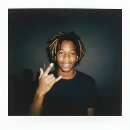 a black boy with colored dread hair in a dark room flahs, polaroid effect!!!
