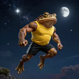 an muscular toad! jumps to the sky to become one with the stars, wearing yellow sleeveless shirt and black sport shorts, cosmos, moon, by mucha and caspar david friedrich, atmospheric lighting, intricate detail, cgsociety, hyperrealistic, octane render, rpg portrait, ambient light, dynamic lighting
