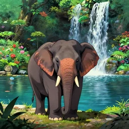 elephant in front of a lake with gardens and waterfall vibrant highlights sharp contrast trending pixiv fanbox chiaroscuro by victo ngai james gurney makoto shinkai takashi takeuchi studio ghibli