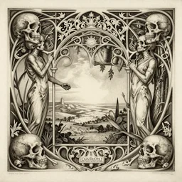 detailed realistic memento mori etching by cameron gray and louis majorelle, gothic ornament, skulls, bones, art nouveau, neogothic, ornate art nouveau botanicals, horizontal symmetry