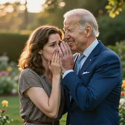 smiling Joe Biden whispering in a frightened woman’s ear, golden hour, in a garden, artstation, by J. C. Leyendecker and Peter Paul Rubens,