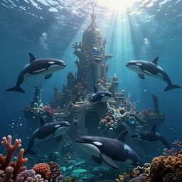 civilization underwater created by orcas, submerged city made with coral and rock by killer whales, epic fantasy sci fi illustration concept art bloom post process lens flare chromatic aberration vignette volumetric fog screen space ambient occlusion screen space reflections