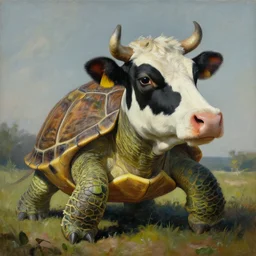 a turtle with cow head, surrealism, painting by boris vallejo and michael whelan
