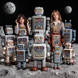 highly detailed closeup, group portrait of a 1 8 8 0 s retro toy robots land on the moon, unreal engine, nicoletta ceccoli, mark ryden, earl norem, lostfish, global illumination, detailed and intricate environment