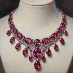 highly detailed oil painting, front view, very realistic gemstones, art nouveau, ornate, delicate, brilliant ruby necklace, necklace on display, dramatic light,