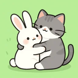 a cat and a rabbit hugging, cartoon, digital art