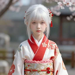 beautiful albino Asian girl kid in a fancy kimono, unreal engine octane, red and white, portrait, gliter, depth of field, 8k, hyper detailed