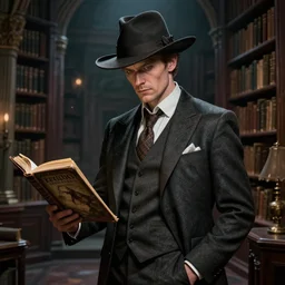 heroic urban fantasy character study, modern occultist, realistic sharp details, magical realism, tailored suit and hat, rpg book portrait, haunted library background, by greg rutkowski and larry elmore
