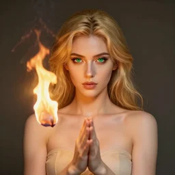 portrait of fire goddess, beautiful gold hair, captivating green eyes, symmetry, iconic, wielding holy fire, stunning woman in slavic dress, wheat fields on sunset, renaissance deity, pagan mother goddess, freya, dramatic lighting, backlit by sun, d & d art