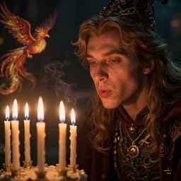 a wizard blowing out his birthday candles, the flames on the candles look like tiny phoenix, art by artgerm and greg rutkowski and alphonse mucha, concept art, octane render, unreal engine 5, highly detailed, high quality, 8 k, soft lighting, realistic face, path traced