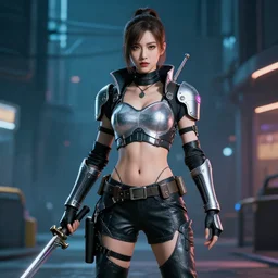 full shot photo of a female cyberpunk musketeer