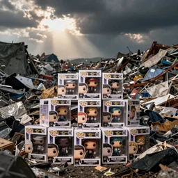 a pile of funko pop boxes in a garbage dump