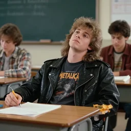 VHS video still of a 1989 17 year-old male sitting back at his desk, with long hair, black leather jacket, Metallica T-Shirt in a science high school classroom