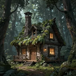 elf magical forest cabin with a chimney 8k fantasy creepy Unreal Engine