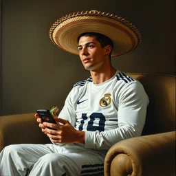 portrait of cristiano ronaldo wearing a sombrero on his head, sitted on the couch with a frog, watching television, oil on canvas by william sidney mount