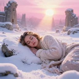 epic face portrait of Mila Kunis warmly clothed sleeping in deep snowy snow, winter princess, ancient ruins, prism sun rays through wind swept snow, pink golden hour, saturated, intricate, highly detailed, epic vista, very crispy, Ralph Horsley, Daniel F. Gerhartz, Artgerm, Boris Villajo, Lilia Alvarado