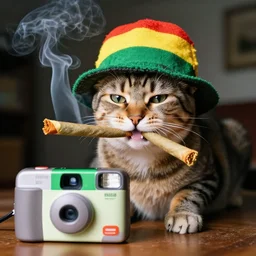 a cat wearing a rasta hat smoking a huge spliff, hotboxing, disposable instant camera photograph