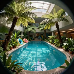 indoor pool with ferns and palm trees, pool tubes, chromatic abberation, dramatic lighting, depth of field, Wideangle 80s fisheye photo