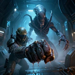 2 8 mm closeup portrait of a mass effect soldier fist shooting a wet slimy dripping cthulhu lovecraft alien xenomorph monster in science fiction spaceship hallway, dramatic lighting, octane, blue lights, lens flare, industrial, dirty, trending on artstation, h. r. giger, gustave dore, moebius, mist, mass effect, action, volumetric lighting