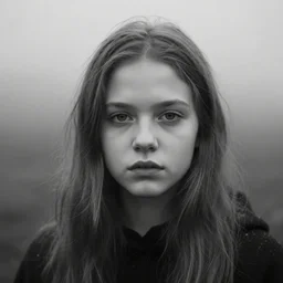 award winning photography of a young woman, she is 2 7 years old and she is stunningly beautiful, she only cares about the abyss, black and white, closeup, foggy like in norwegian black metal aesthetic, the background is a place of forgiveness
