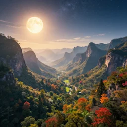 a photorealistic portrait, stunningly beautiful colorful fantasy landscape, professionally retouched, soft lighting, hyper realistic, big sun, mountains, trees, beautifully detailed starry sky, wide angle, sharp focus, 8 k high definition, 6 4 megapixels, insanely detailed, stunningly beautiful