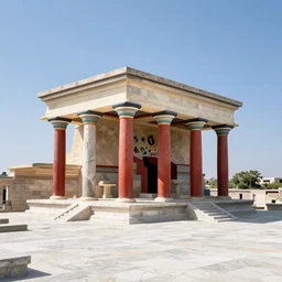 mycenaean palace temple, fully restored, newly built reconstructed, white marble, red banners. 8 k hd instagram photo at behance, epic cinematic movie shot, 1 9 9 0 s. adobe lightroom, photoshop