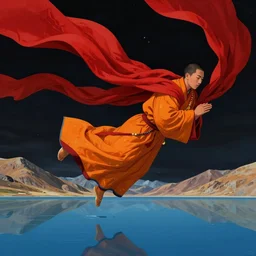 a tibetan monk flying over himalaya mountains lake in weightlessness in liquid traditional orange cloth. a lot of flying red fabric around, sky and cloth fabric reflected in blue lake water. dark background. illustration by craig mullins, yoji shinkawa, trending on artstation, peter mohrbacher, hyper detailed, intricate, elite, ornate,