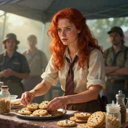 cinematic shot epic portrait an female scout selling cookies on a cookie booth, sweaty skin, flowing red hair, tie, broad light, ambient occlusion, volumetric light effect, made by ivan aivazovsky, peter mohrbacher, greg rutkowski, matte painting, trending on artstation, 4 k, perfectly defined features, digital painting, cinematic, epic, highly detailed,