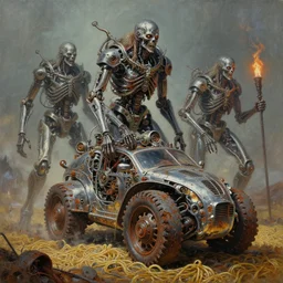 oil paint of 1 1 horrifying machines as autolysis idols, terrifying, tick vehicle wearing gods of machines, tiered chrome rust noodle landscape by wayne d barlowe, boris vallejo, stefano tamburini, torch light, muted colors, epic, hyper detailed, awe inspiring, award winning horror, hyper realism, cinematic
