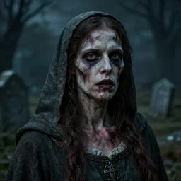 head and shoulders photo portrait of a decaying female medieval villager zombie in a dark nighttime medieval graveyard, d & d