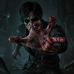highly detailed resident evil zombie reaching hand out blood from mouth eyes blacked out background dark atmosphere junji ito austen mengler