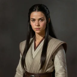 portrait of a woman by greg rutkowski, she resembles rey, leia and padme, tall and slender, straight black hair, she is about 2 0 years old, attractive, wearing jedi robes, star wars expanded universe, highly detailed portrait, digital painting, artstation, concept art, smooth, sharp foccus ilustration, artstation hq