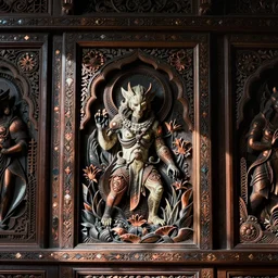 intricate colorfully painted carved wood paneling, dark souls, ivory and copper, artstation