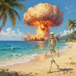 Beautiful painting of relaxed skeleton walking on the tropical beach with nuclear bomb explosion on the ocean, high quality, trending on Artstation, realistic, by Greg Rutkowski, highly detailed big mushroom cloud in the background, warm and vibrant color scheme, coherent, photorealism